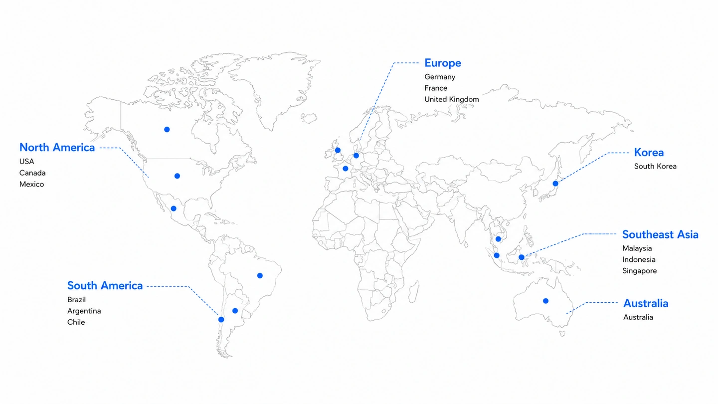 Highreach service network map covering Europe, the United States, Australia, Korea, South America and Southeast Asia